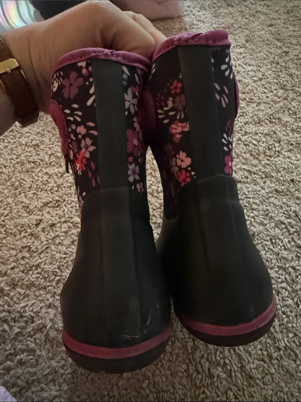 Bogs Kids Black Rain Boots with Purple Floral Shaft